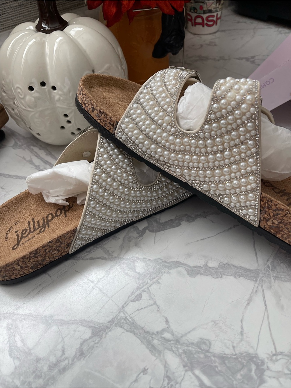Jellypop White Pearl And Rhinestone Embellished Double Buckle Sandals NIB - Picture 7 of 9